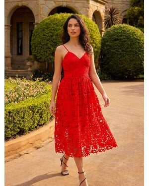 Roman Crochet V-Neck Cami Midi Dress - Red