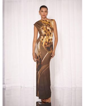 Lipsy Animal Print Aysmmetric Neckline One Shoulder Bodycon Maxi Dress - Natural