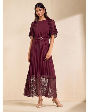 Friends Like These Pleated Short Sleeve Lace Hem Midi Dress - Purple