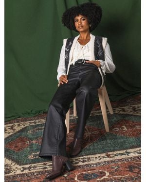Roman Coated Stretch Waist Wide Leg Denim Pants - Green