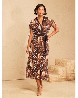 Love & Roses Jersey Ruched Shoulder Belted Midi Dress - Natural
