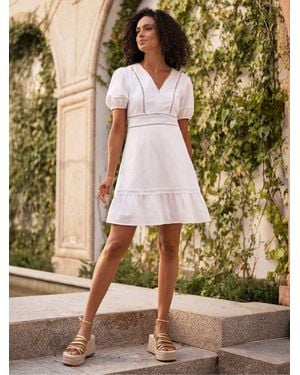 Yumi' Cotton Lace Trim Skater Sun Dress - White