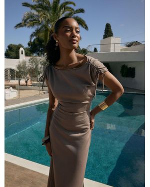 Threadbare Ruched Midi Dress With Shoulder Tie Details - Blue