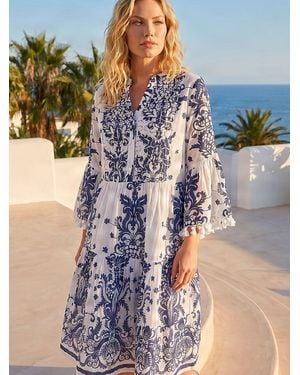 Roman Beaded Tassel Trim Smock Dress - Blue
