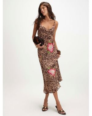 River Island Leopard Cowl Neck Slip Midi Dress - Brown