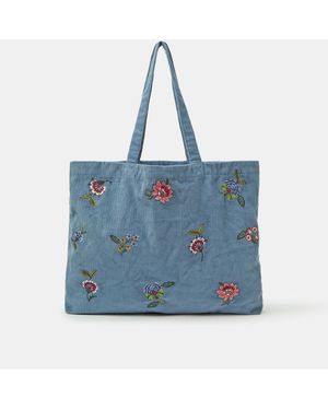 Accessorize Floral Embroidered Corduroy Shopper Bag - Blue