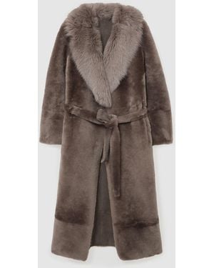 Reiss Taupe Neutral Mari Toscana-Collar Shearling Long Coat - Brown