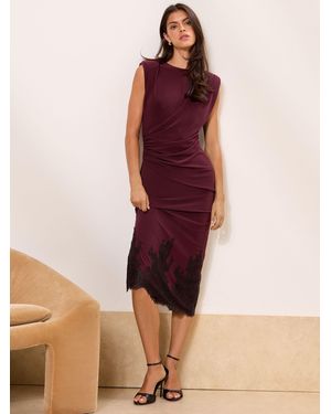 Lipsy Jersey Ruched Drape Lace Hem Midi Bodycon Dress - Red