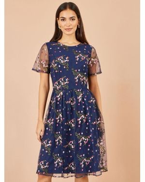 Yumi' Embroidered Floral Mesh Prom Dress - Blue