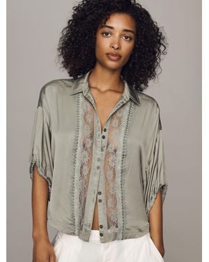 Anthropologie Pilcro Lace Appliqué Short Sleeved Blouse - Gray