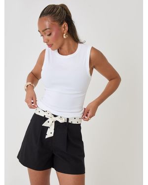 Threadbare Petite Tailored Shorts With Polka Dot Satin Scarf Belt - White
