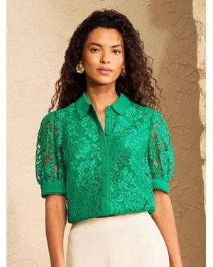 Love & Roses Lace Button Down Short Sleeve Shirt - Green