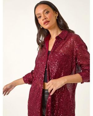 Roman Sequin Button Through Stretch Shirt - Red