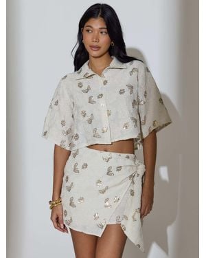 South Beach Floral Sequin Embroidered Short Sleeve Shirt - Gray