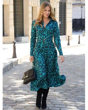 Sosandar Animal Print Belted Shirt Dress - Blue