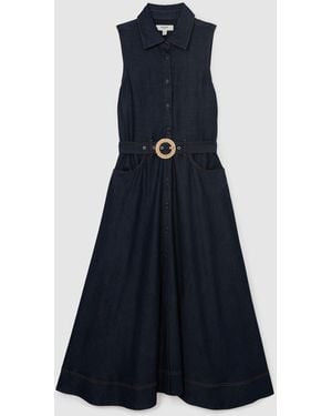 Reiss Remi - Indigo Blue Button-front Belted Denim Midi Dress, Us 2