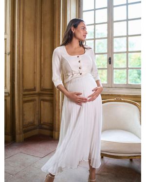 Seraphine Occasion Maternity & Nursing Bridal Dress With Tweed Bodice & Floaty Pleated Skirt - White