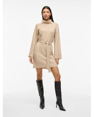 Vila Long Sleeve Tie Belt Knit Dress - Natural
