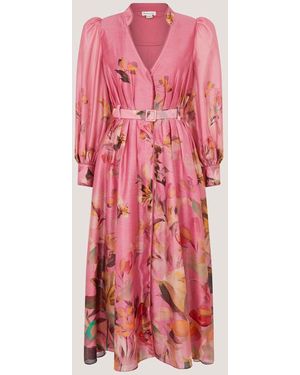 Monsoon Aimee V-Neck Floral Print Midi Shirt Dress - Pink