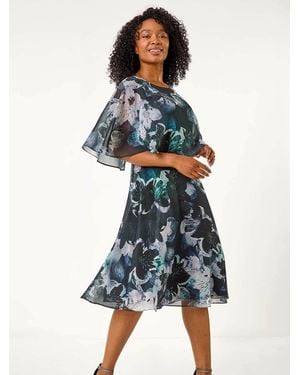 Roman Petite Abstract Floral Print Cape Dress - Blue