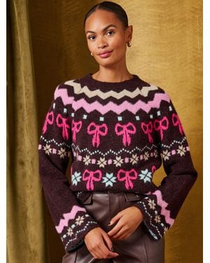 Love & Roses Chocolate Petite Crew Neck Bow And Snowflake Fairisle Christmas Jumper - Purple