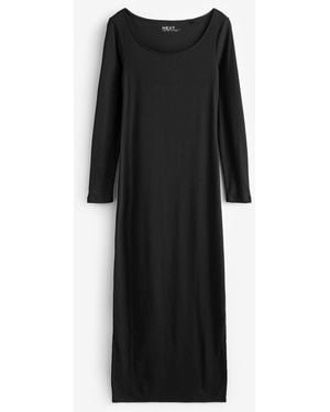 Next Geripptes, Wadenlanges Kleid Mit Langen Ärmeln Und U-Ausschnitts - Schwarz