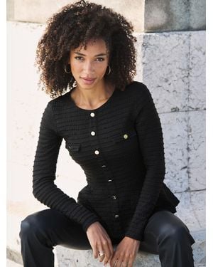Sosandar Textured Button Front Peplum Top - Black