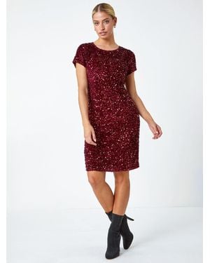 Roman Velvet Sequin Embellished Shift Dress - Red