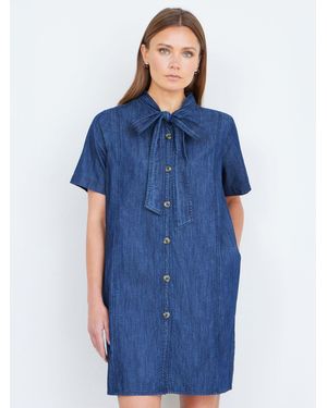 Yumi' Chambray Tunic With Pussy Bow Tie - Blue