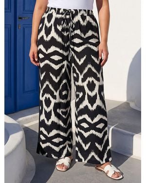 Roman Curve Abstract Print Wide Leg Pants - Black
