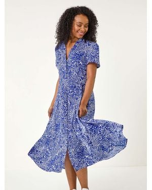 Roman Petite Abstract Print Button Shirt Dress - Blue