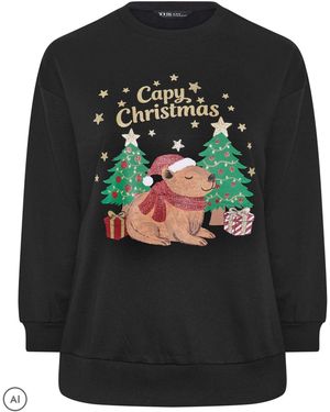 Yours Curve Capy Christmas Glitter Novelty Sweatshirt - Black