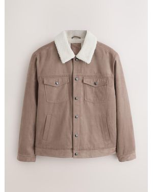 Next Neutral Stone Faux Suede Borg Lined Trucker Jacket - Brown