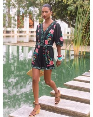 Love & Roses V & A I Printed Kimono Sleeve Belted Playsuit - Green