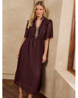 Love & Roses Embellished Trim Pleated Skirt Midi Dress - Brown