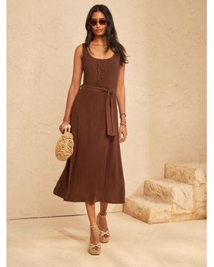 Love & Roses Linen Look Scallop Detail Strappy Midi Dress - Natural