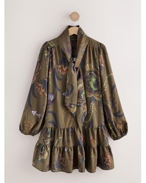 Next Khaki X Kew Print Long Sleeve Tie Neck Mini Dress - Brown
