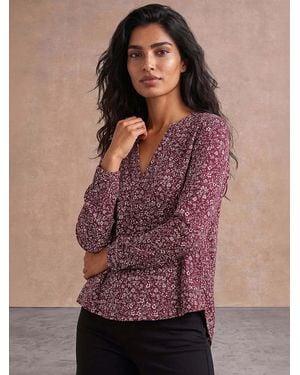 Roman Printed Notch Neck Blouse - Brown