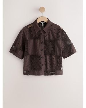 Next N. Premium Crochet Patchwork Short Sleeve Shirt - Brown