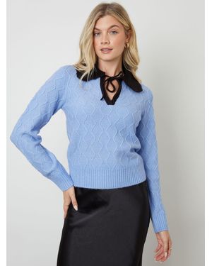 ANOTHER SUNDAY Another Sunday Cable Knit Contrast Collar Bow Detail Sweater - Blue
