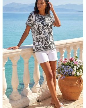 Roman Floral Stripe Print Stretch Top - Blue