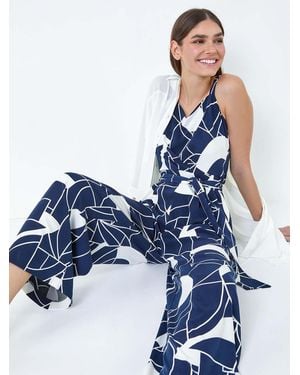 Roman Abstract Print Pocket Jumpsuit - Blue