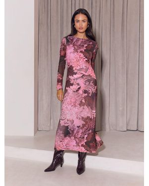 Lipsy Floral Print Jersey Mesh Long Sleeve Midi Dress - Pink
