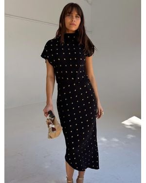 Never Fully Dressed Short Sleeve High Neck Plisse Desiree Asymetric Midi Dress - Black