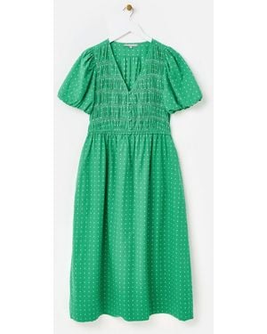 Oliver Bonas Dobby Polka Dot V-Neck Puff Sleeve Midi Dress - Green