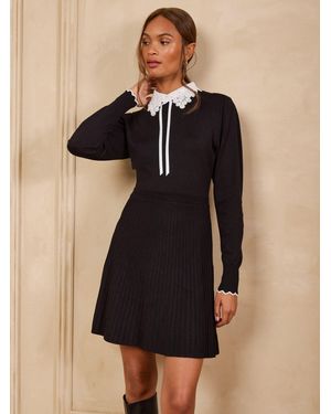Love & Roses Lace Collared Tie Detail Knitted Mini Dress - Black