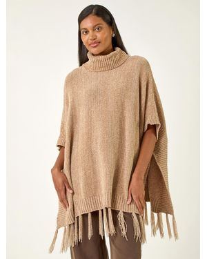Roman Tassel Trim Knit Poncho - Natural
