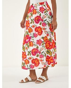 Roman Floral Print A-Line Midi Skirt - Red