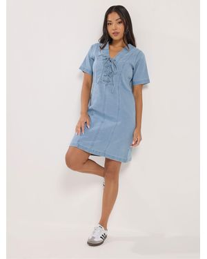 PixieGirl Petite Stretch Denim Lace Up Dress - Blue