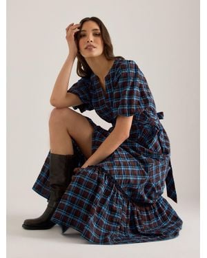 Anthropologie Puff-Sleeve Check Midi Dress - Blue